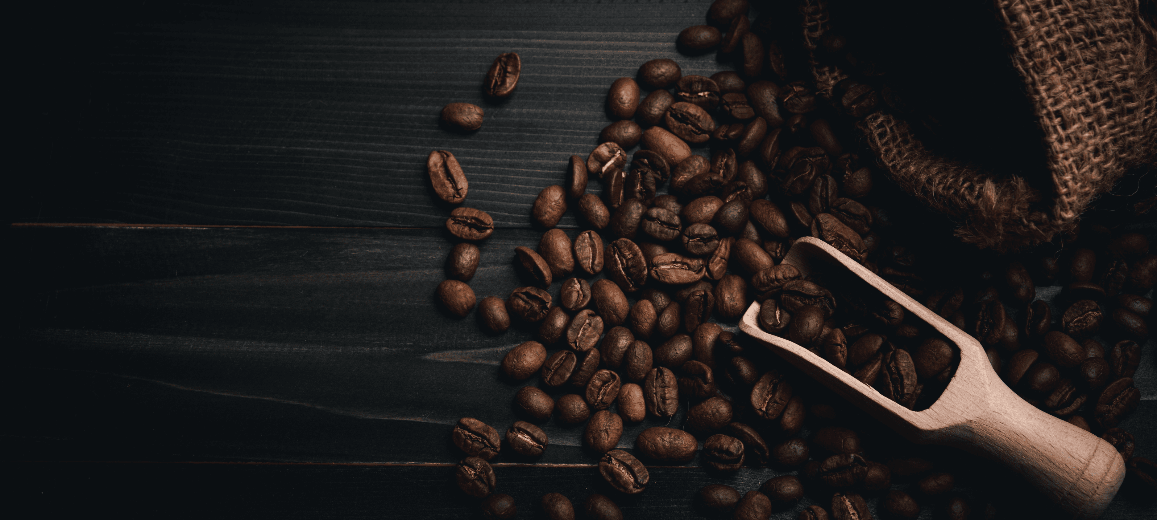 Roasted coffee beans spilling from a wooden scoop