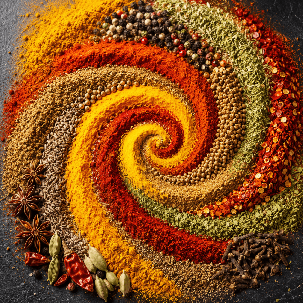 A vivid spiral of turmeric, paprika, herbs, peppers, and whole spices